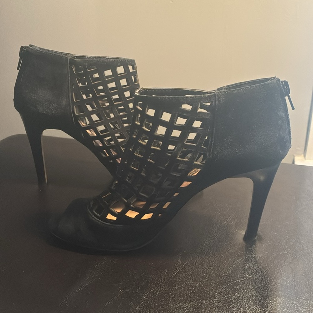Black Peep-Toe Cutout Suede Ankle Boots